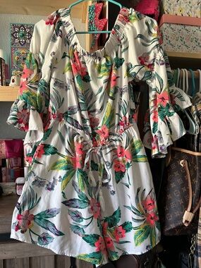 Blush White Mini Dress with Coral & Green Floral Print